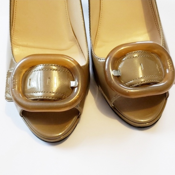 HP🎉Prada peep toe heels brown patent leather 38.5 - Picture 4 of 8